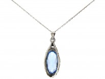 Art Deco Silver & Oval Blue Paste Pendant on Silver Chain