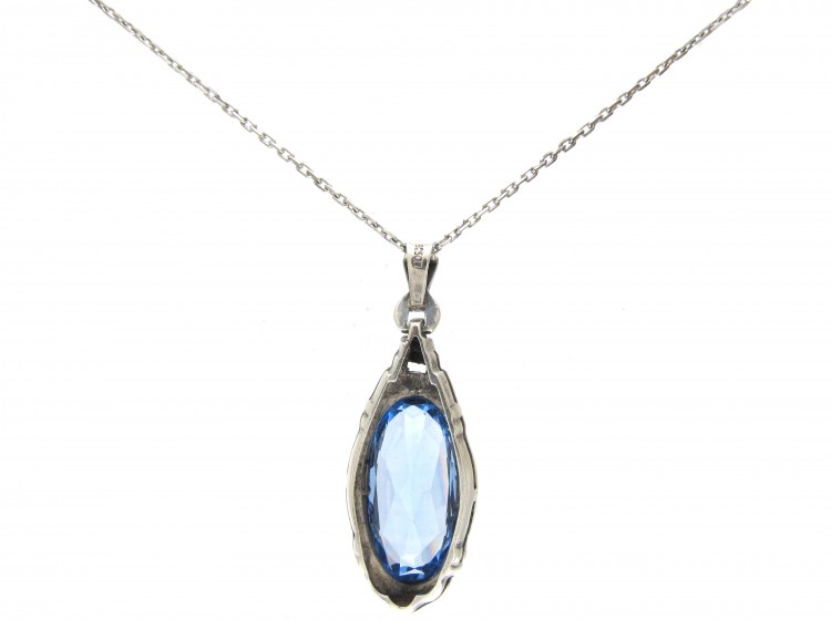 Art Deco Silver & Oval Blue Paste Pendant on Silver Chain