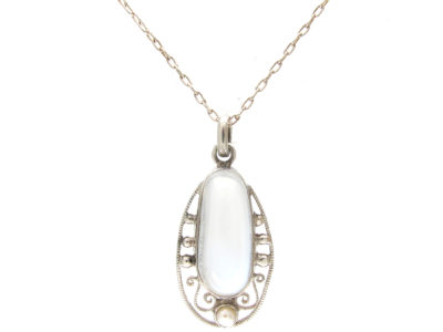 Art Deco Silver, Moonstone & Pearl Pendant on Silver Chain