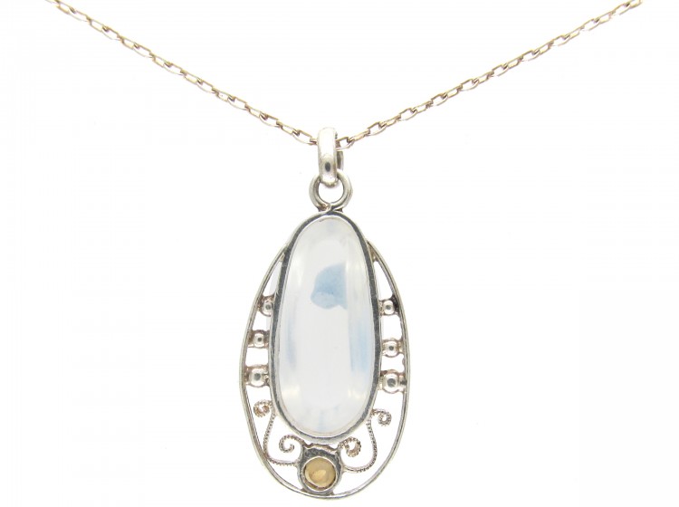 Art Deco Silver, Moonstone & Pearl Pendant on Silver Chain