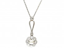 Edwardian Diamond & Natural Pearl Flower Pendant on White Gold Chain
