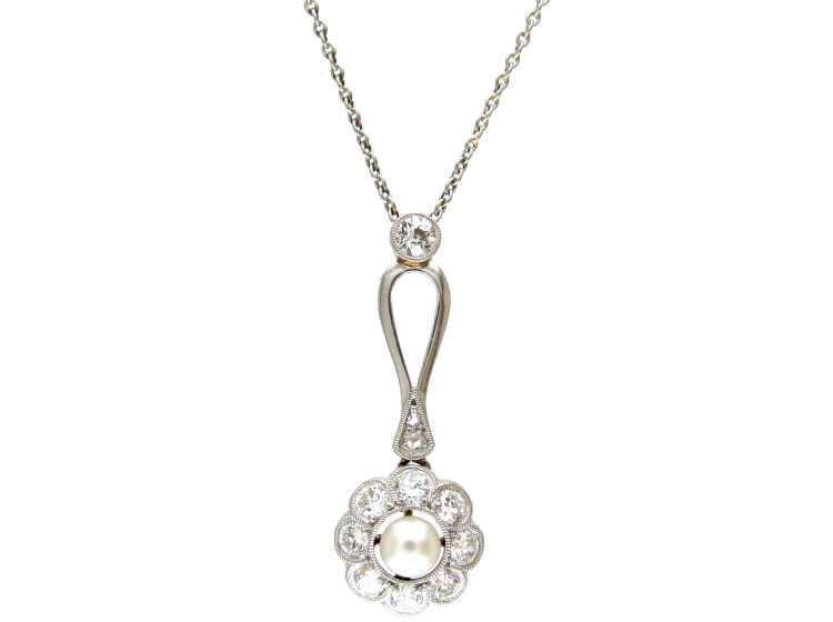 Edwardian Diamond & Natural Pearl Flower Pendant on White Gold Chain