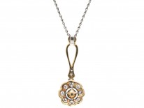 Edwardian Diamond & Natural Pearl Flower Pendant on White Gold Chain
