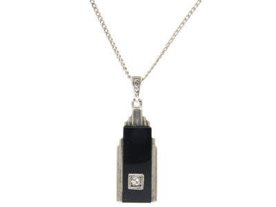 Art Deco Silver, Onyx & Diamond Pendant on Chain