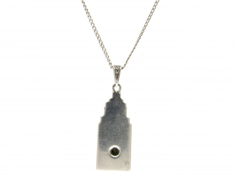Art Deco Silver, Onyx & Diamond Pendant on Chain