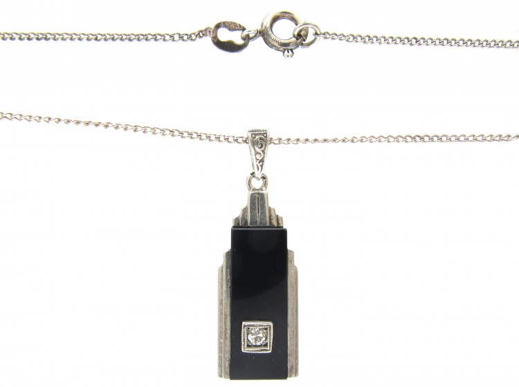 Art Deco Silver, Onyx & Diamond Pendant on Chain