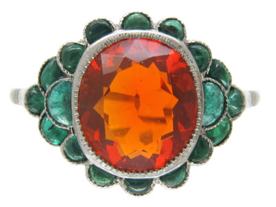 Edwardian Fire Opal & Carved Cabochon Emerald Ring