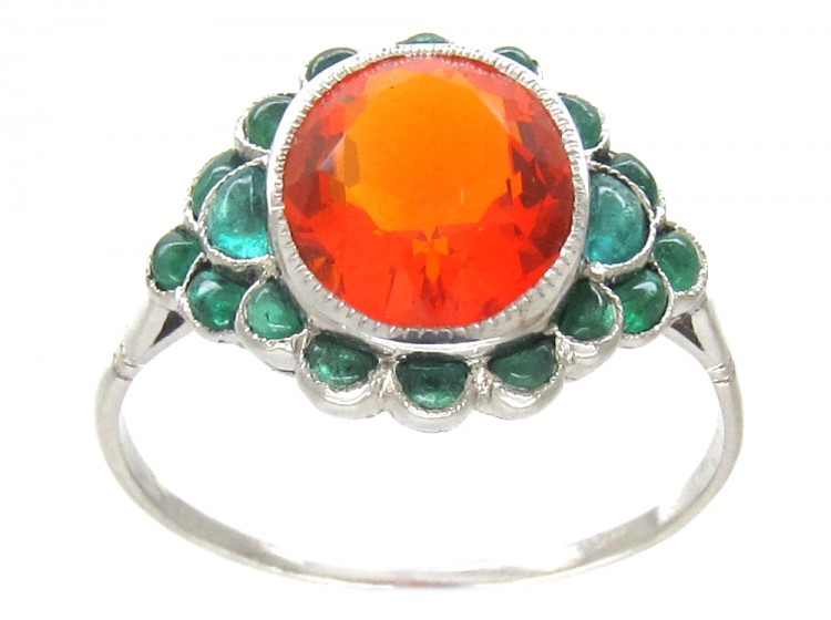 Edwardian Fire Opal & Carved Cabochon Emerald Ring