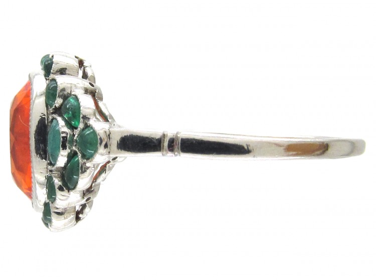 Edwardian Fire Opal & Carved Cabochon Emerald Ring