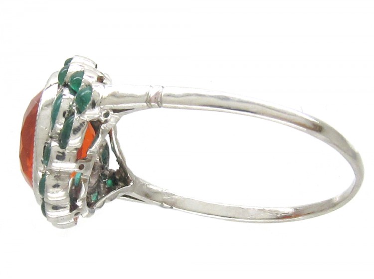 Edwardian Fire Opal & Carved Cabochon Emerald Ring
