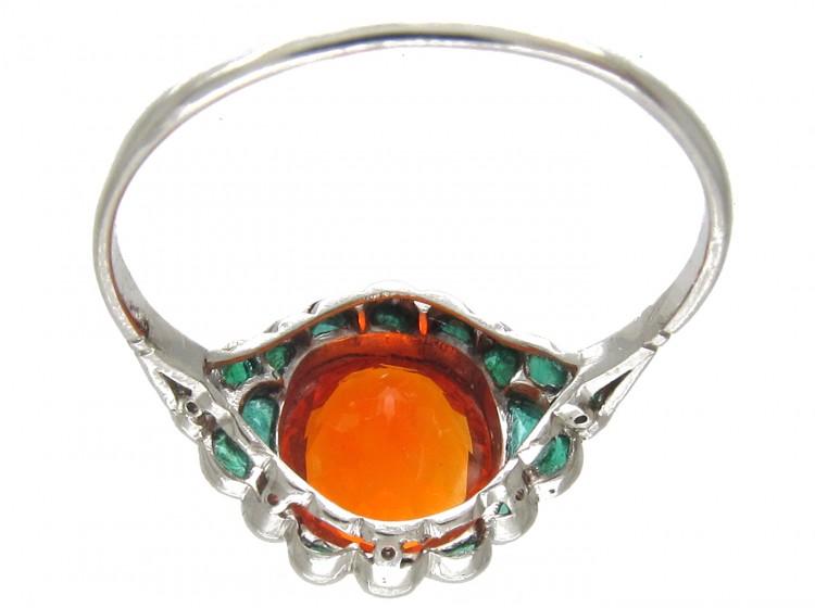 Edwardian Fire Opal & Carved Cabochon Emerald Ring