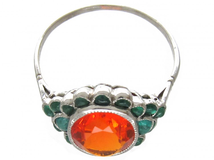 Edwardian Fire Opal & Carved Cabochon Emerald Ring