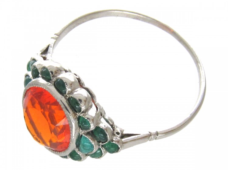 Edwardian Fire Opal & Carved Cabochon Emerald Ring