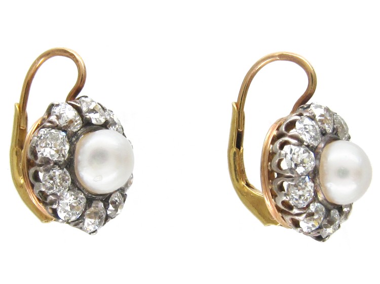 Edwardian Natural Pearl & Diamond Cluster Earrings