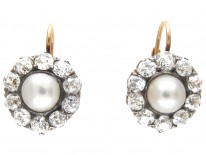 Edwardian Natural Pearl & Diamond Cluster Earrings