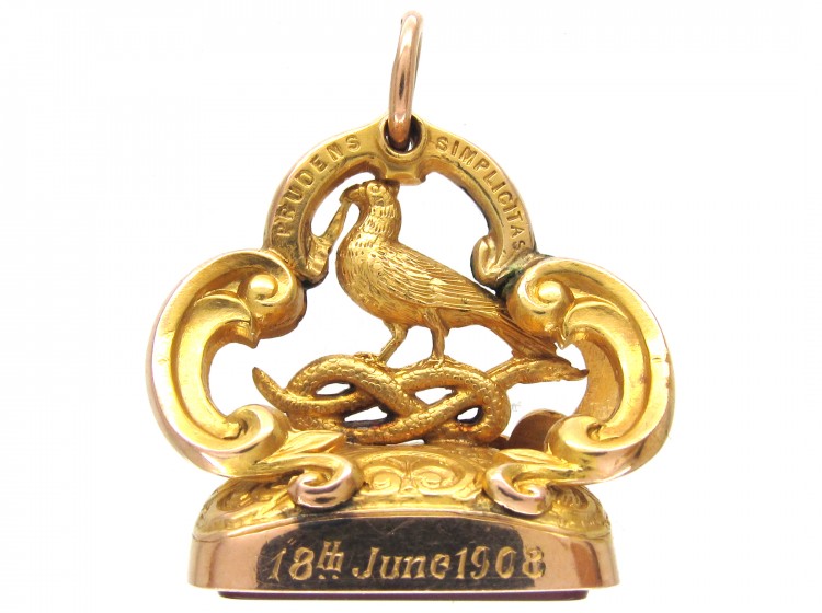 15ct Gold Coiled Snake & Pheasant Seal with Carnelian Intaglio of a Crest