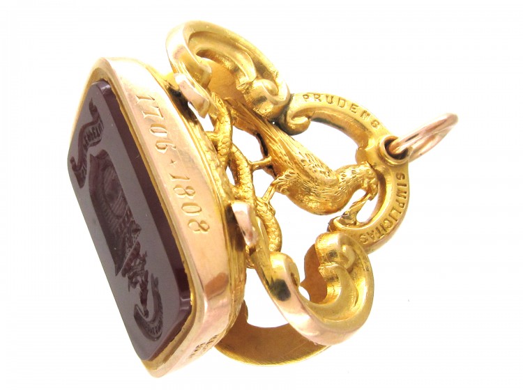 15ct Gold Coiled Snake & Pheasant Seal with Carnelian Intaglio of a Crest