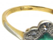 Art Deco 18ct Gold & Platinum Emerald & Diamond Scalloped Edge Ring
