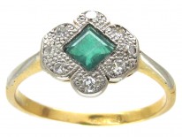Art Deco 18ct Gold & Platinum Emerald & Diamond Scalloped Edge Ring
