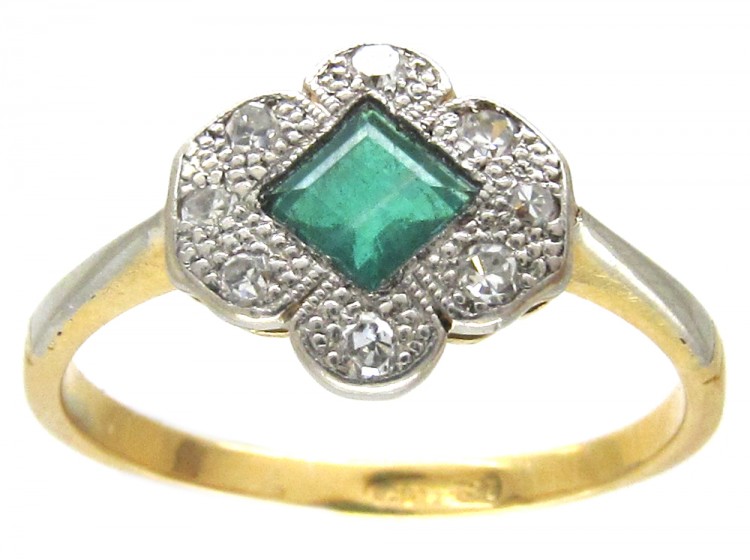 Art Deco 18ct Gold & Platinum Emerald & Diamond Scalloped Edge Ring