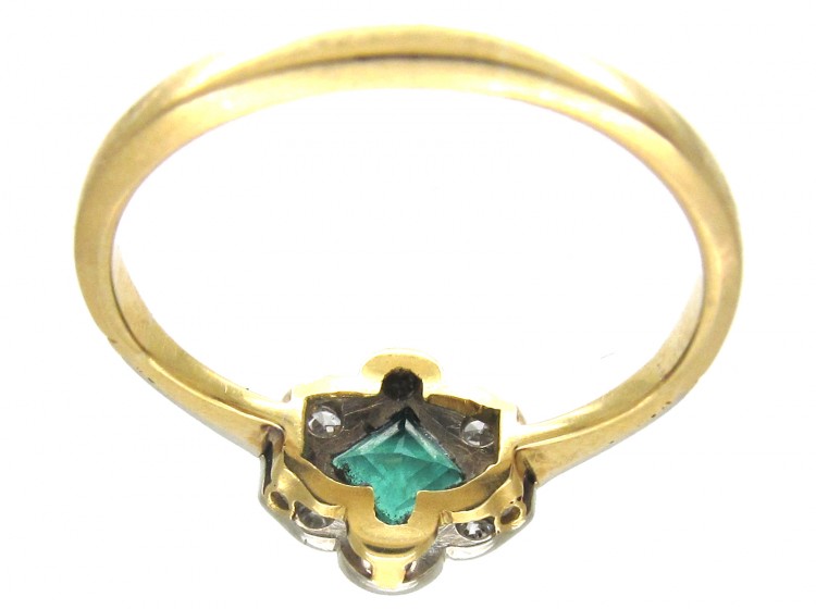 Art Deco 18ct Gold & Platinum Emerald & Diamond Scalloped Edge Ring
