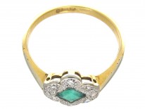 Art Deco 18ct Gold & Platinum Emerald & Diamond Scalloped Edge Ring