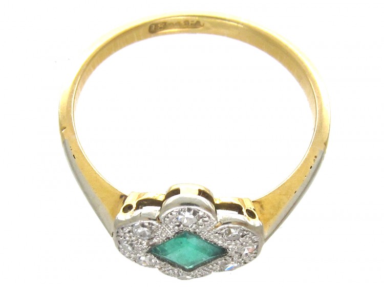 Art Deco 18ct Gold & Platinum Emerald & Diamond Scalloped Edge Ring