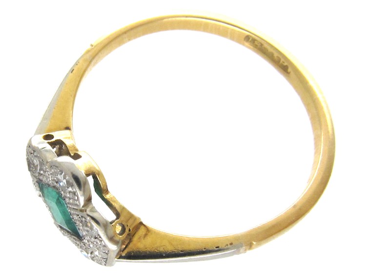 Art Deco 18ct Gold & Platinum Emerald & Diamond Scalloped Edge Ring