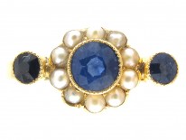 Edwardian 18ct Gold Sapphire & Natural Pearl Cluster Ring