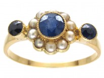 Edwardian 18ct Gold Sapphire & Natural Pearl Cluster Ring