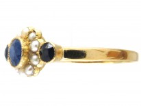 Edwardian 18ct Gold Sapphire & Natural Pearl Cluster Ring