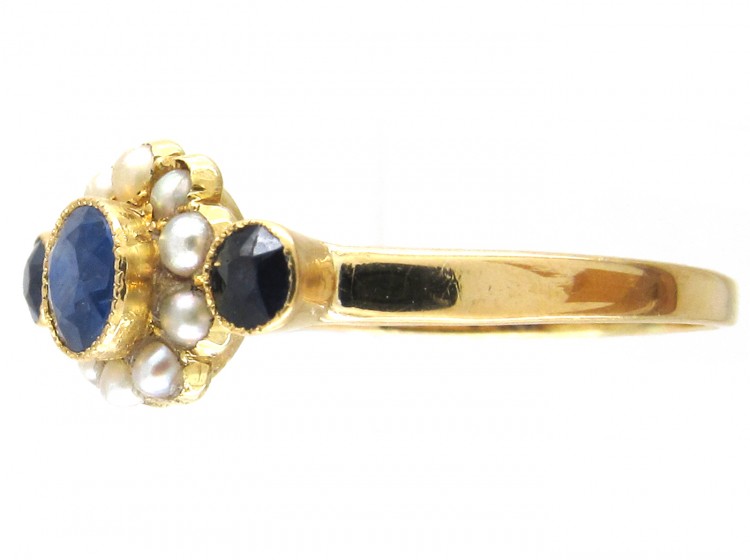Edwardian 18ct Gold Sapphire & Natural Pearl Cluster Ring