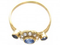 Edwardian 18ct Gold Sapphire & Natural Pearl Cluster Ring