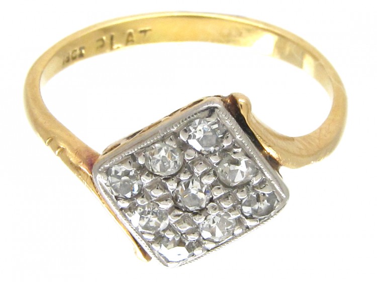 Art Deco 18ct Gold & Platinum & Diamond Tilted Square Ring