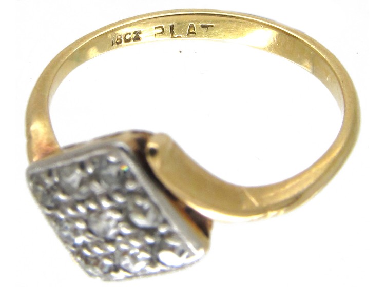 Art Deco 18ct Gold & Platinum & Diamond Tilted Square Ring