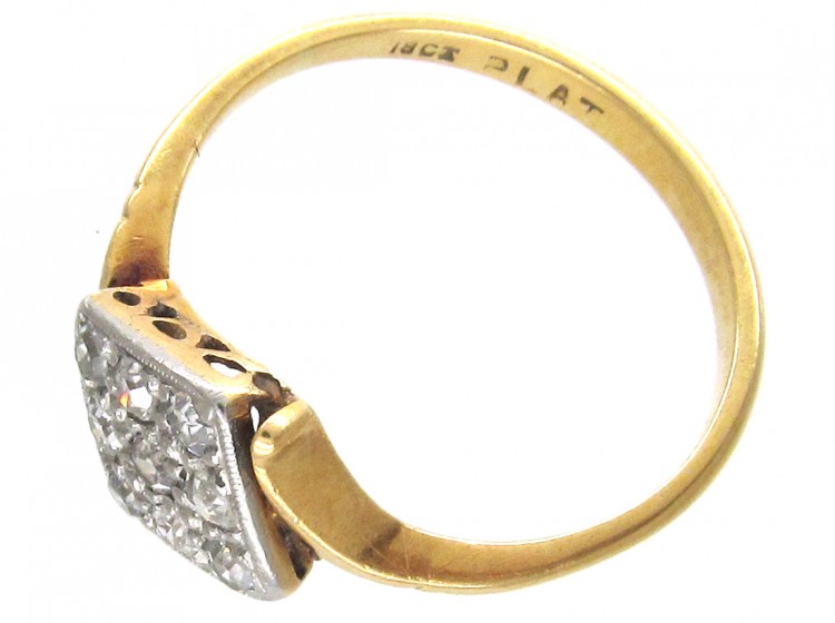 Art Deco 18ct Gold & Platinum & Diamond Tilted Square Ring