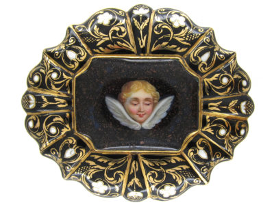 Swiss Enamel 15ct Gold & Enamel Cherub in the Night Sky Brooch