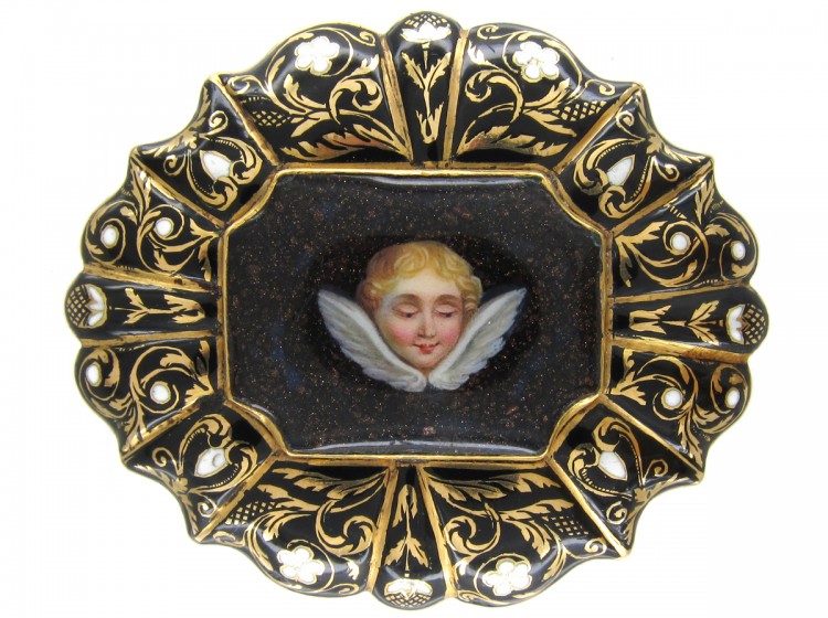 Swiss Enamel 15ct Gold & Enamel Cherub in the Night Sky Brooch