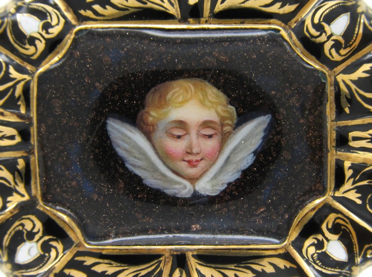 Swiss Enamel 15ct Gold & Enamel Cherub in the Night Sky Brooch