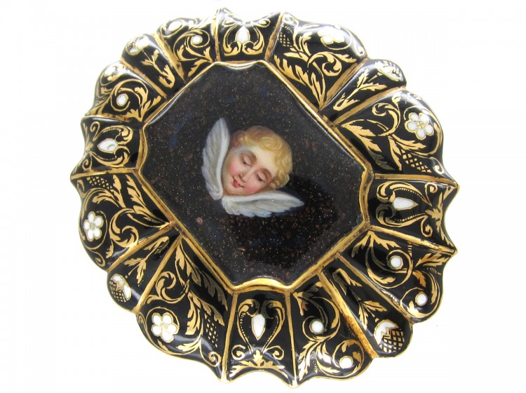 Swiss Enamel 15ct Gold & Enamel Cherub in the Night Sky Brooch