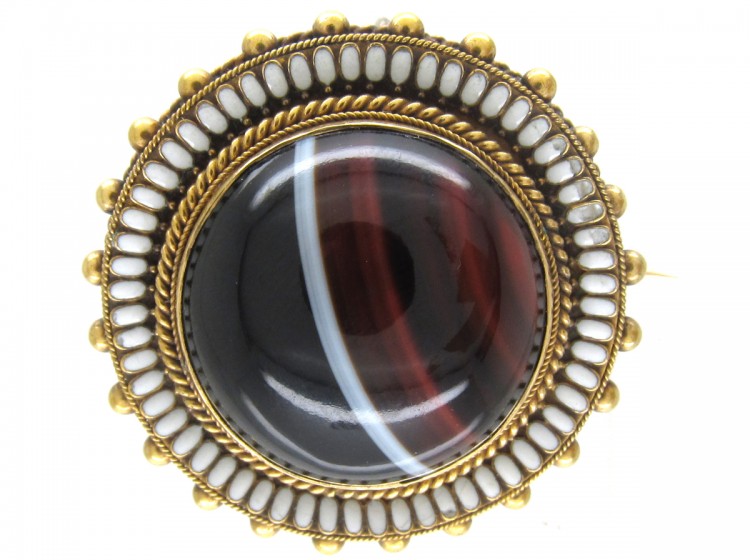 Victorian 15ct Gold, Enamel & Banded Sardonyx Round Brooch