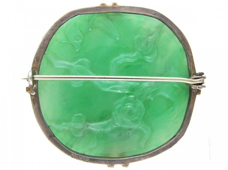Art Deco Natural Green Jade Carved Flowers Brooch
