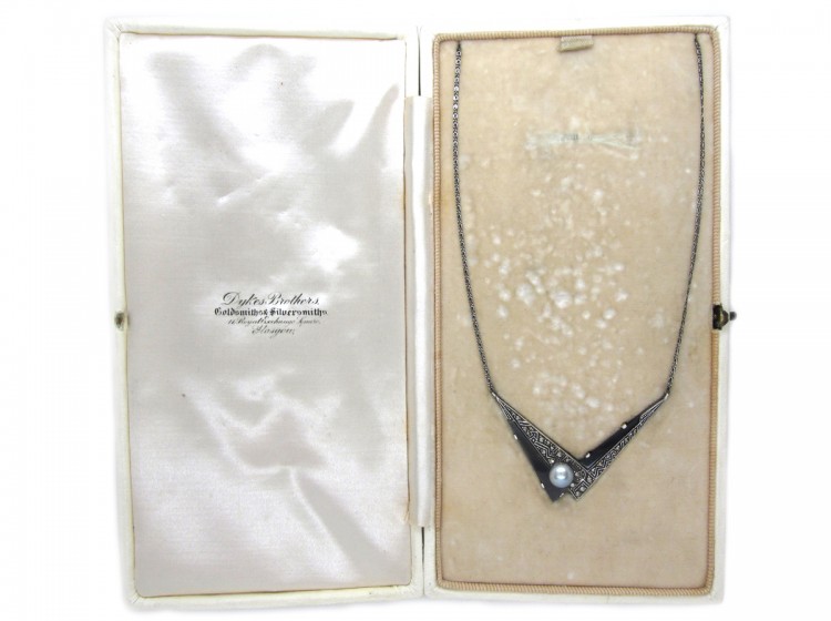 Art Deco Silver, Onyx, Pearl & Marcasite Pendant on Chain