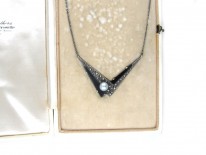 Art Deco Silver, Onyx, Pearl & Marcasite Pendant on Chain