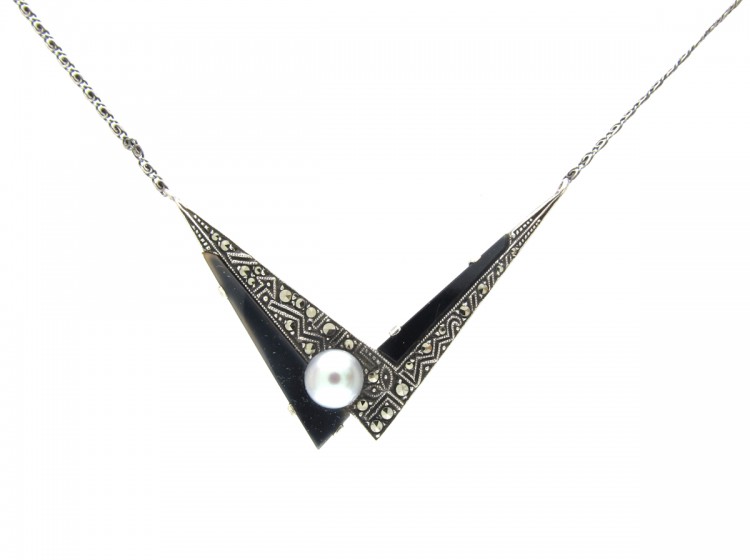 Art Deco Silver, Onyx, Pearl & Marcasite Pendant on Chain