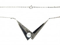 Art Deco Silver, Onyx, Pearl & Marcasite Pendant on Chain