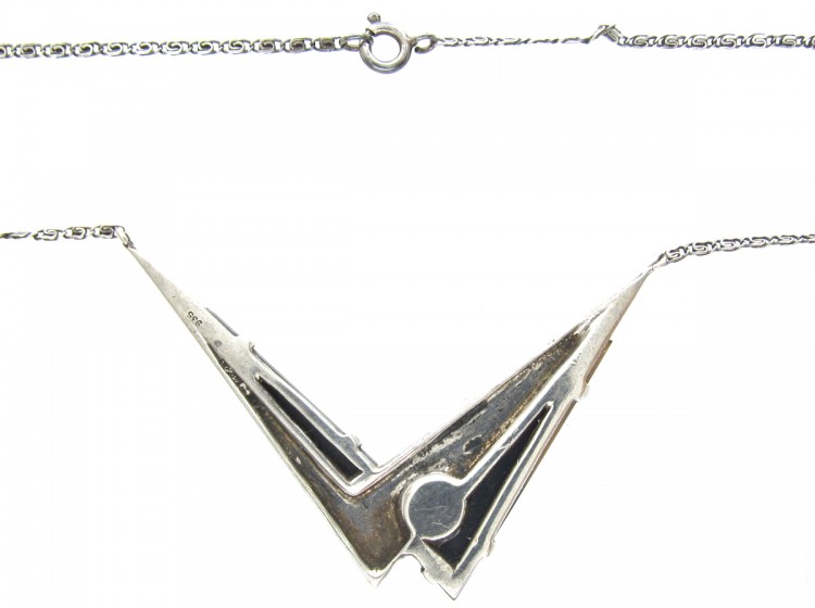 Art Deco Silver, Onyx, Pearl & Marcasite Pendant on Chain
