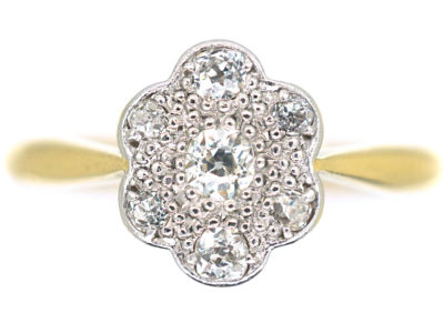 Edwardian 18ct Gold & Platinum Diamond Set Oval Daisy Cluster Ring