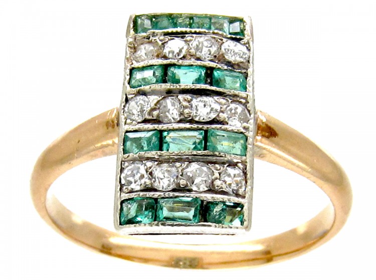 Art Deco Emerald & Diamond Rectangular Stripes Ring