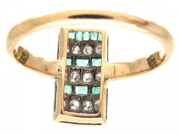 Art Deco Emerald & Diamond Rectangular Stripes Ring